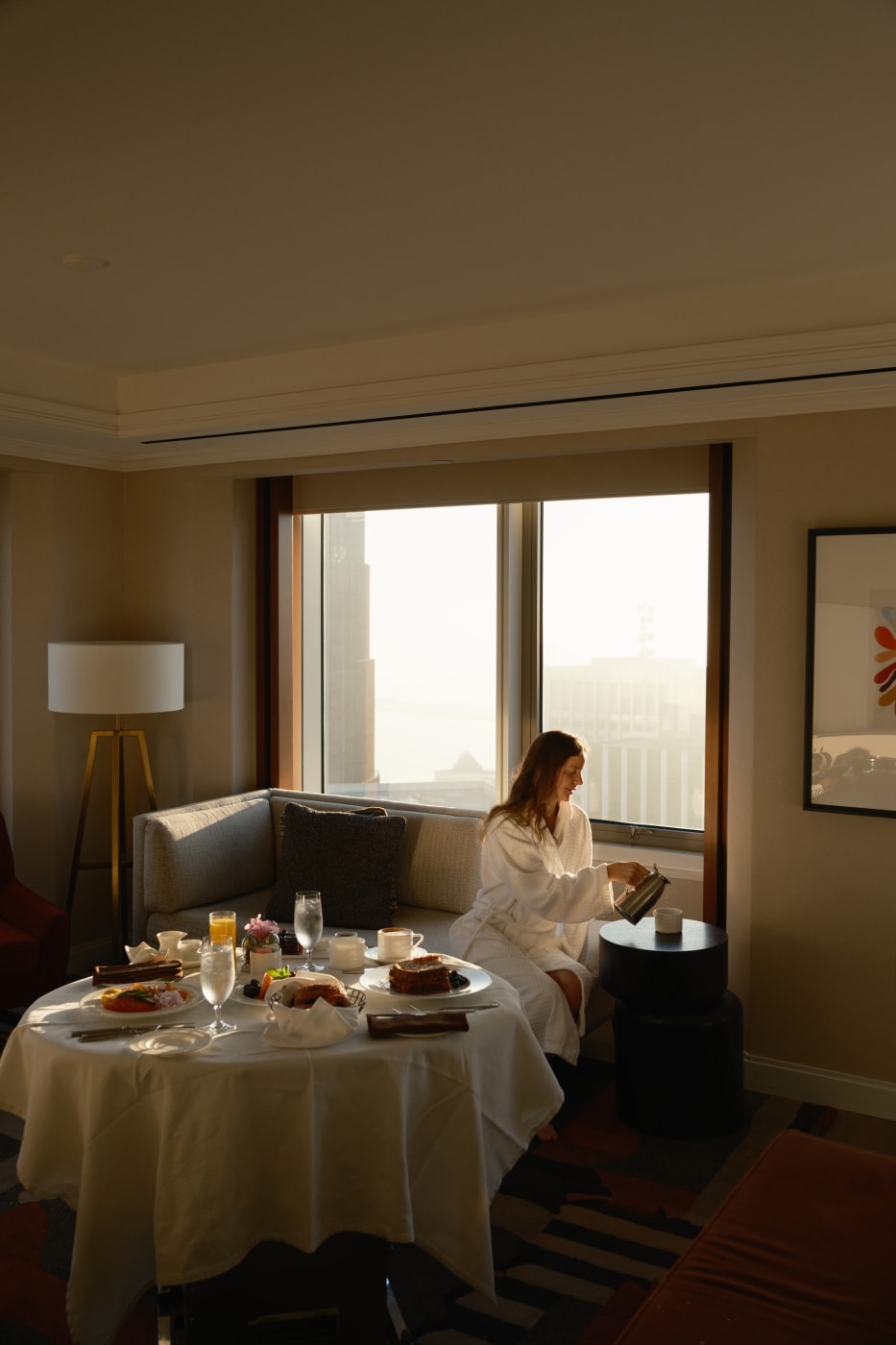Breakfast served in the room in the Landmark Suite at the Four Seasons Embarcadero at sunrise