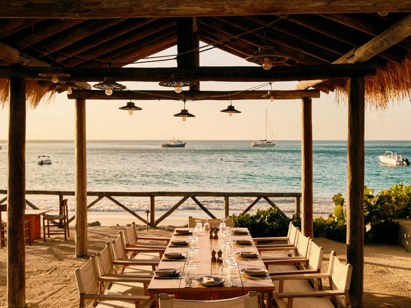 Grande mesa posta sob um quiosque de palha de frente para o mar no Soho Beach House Canouan