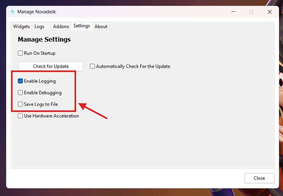 Manage Window Logs Settings