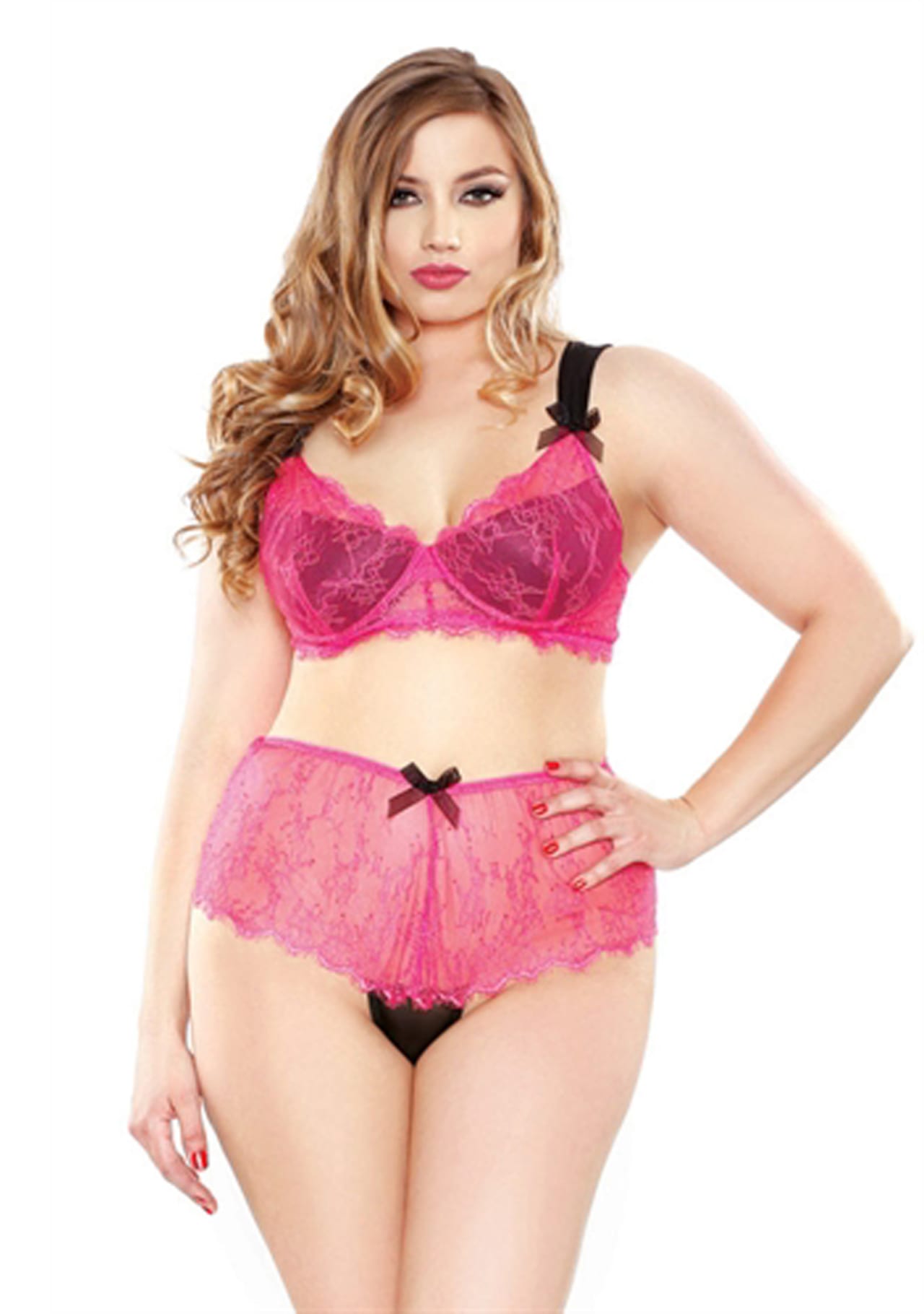Eyelash Lace Two Tone Bra Set With Hipster Panty - Hot Pink - 1X-2X