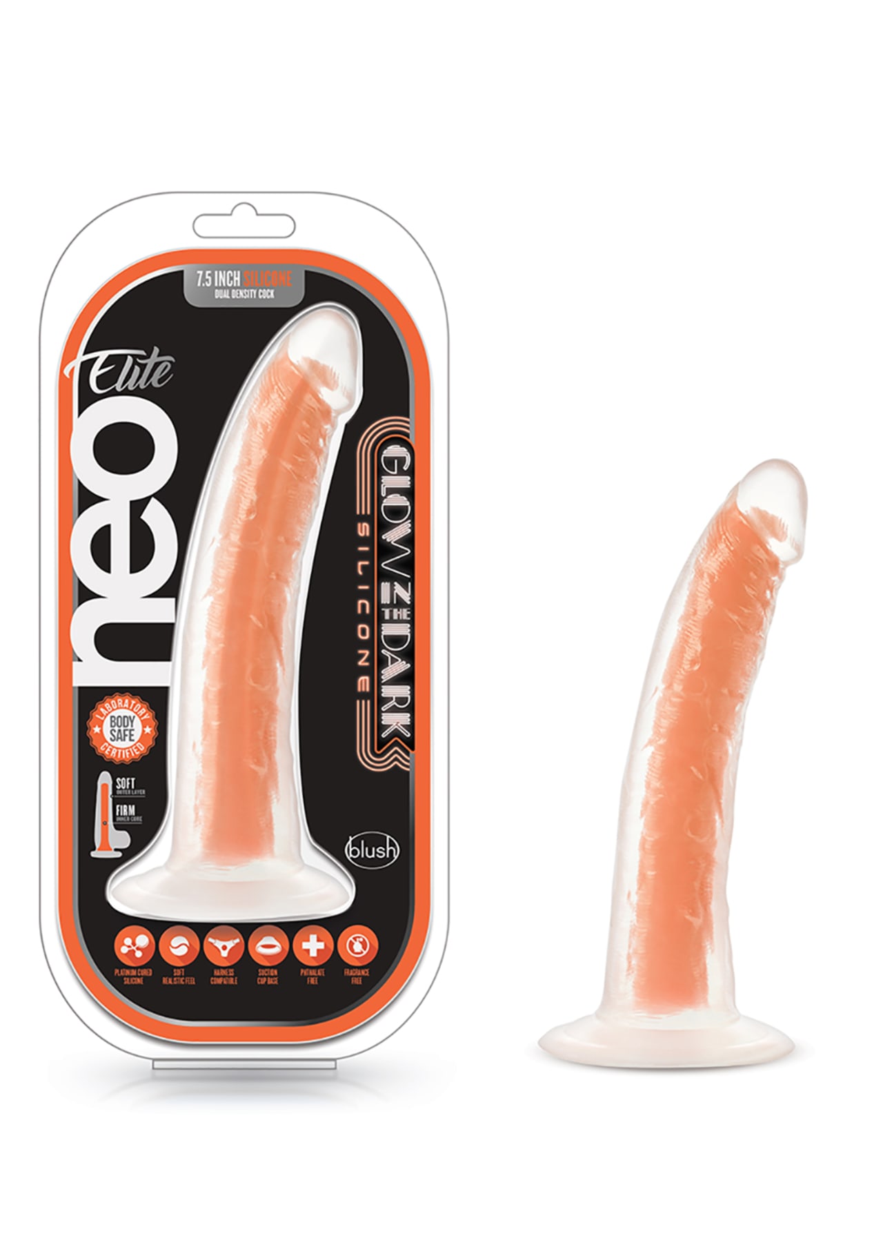 Neo Elite - Glow in the Dark - 7.5 Inch Silicone Dual Density Cock with Balls - Neon Orange