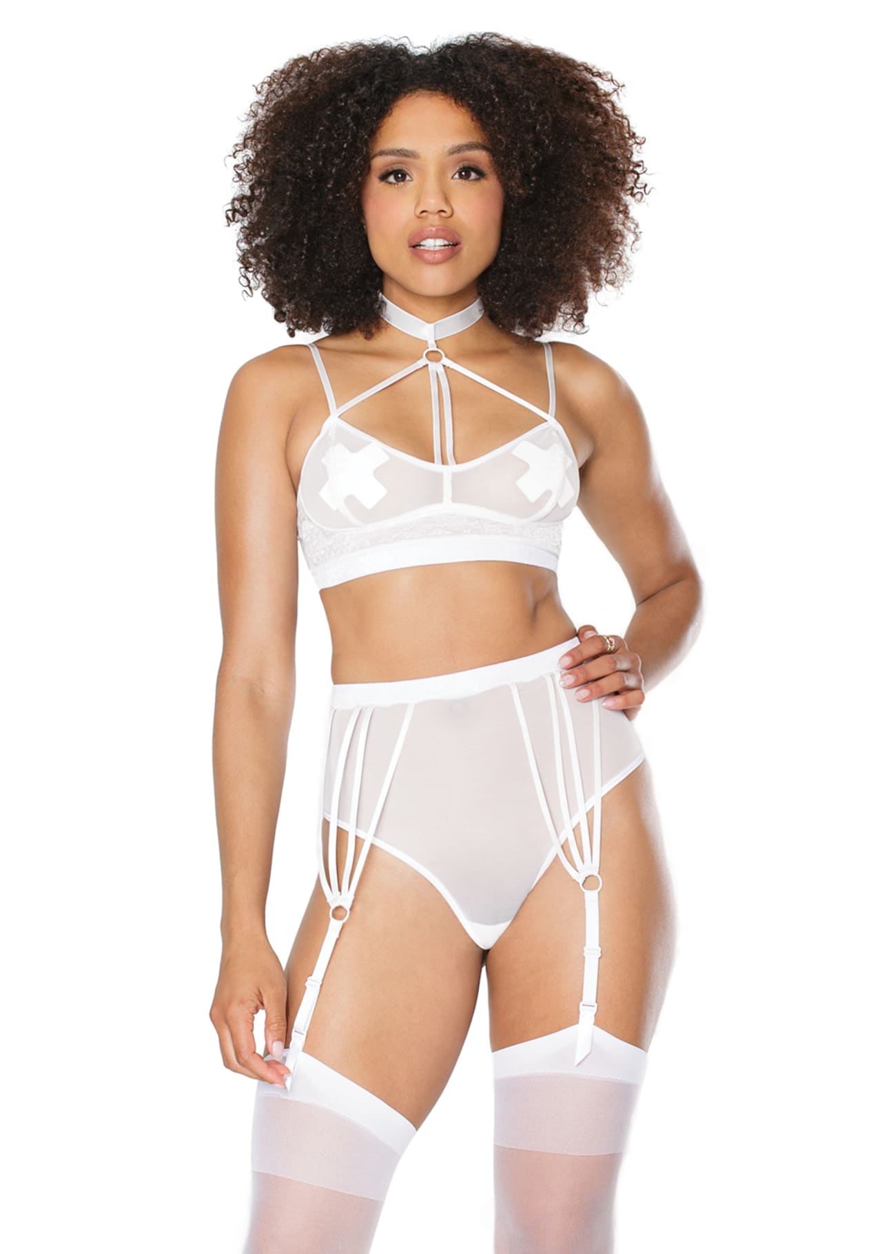 Nylon Mix Bra and Garter Panty Set - Small
