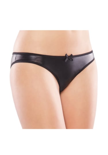 Wet Look Crotchless Panty with Bow