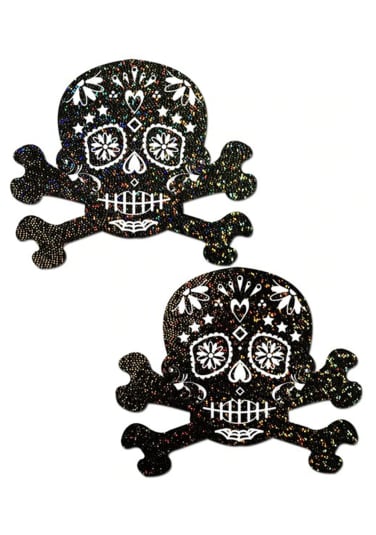 Black Glitter Candy Skull and Crossbones Nipple Pasties