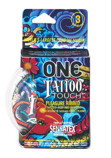 One Tattoo Touch Lubricated Latex Ribbed Condoms - 3 Pack