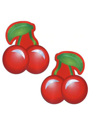 Bright Red Cherries with Green Leaf and Stem Nipple Pasties