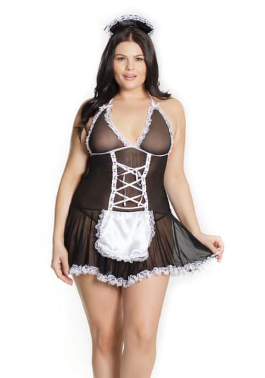 French Maid Chemise with Attached Apron and Headpiece - Queen Size