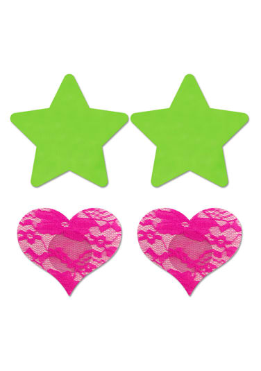 Fashion Pasties Set - Neon Green Solid Star / Neon Pink Lace Heart