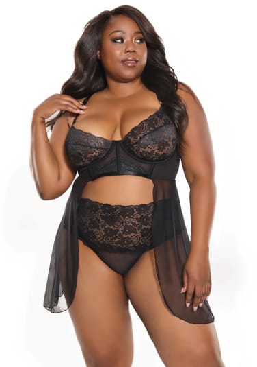 High Waist Open Front Babydoll and Thong - Plus Size