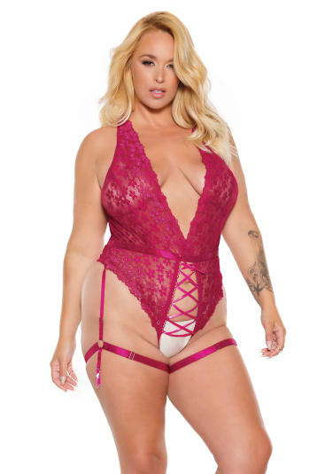 Scallop Stretch Lace Crotchless Teddy with Lace Up Front - Queen Size