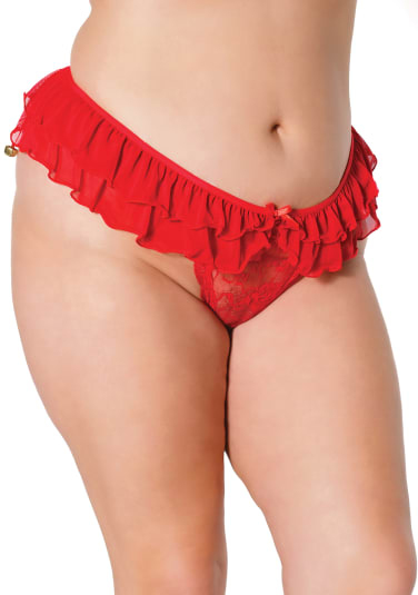 Holiday Crotchless Panty with Ruffle and Jingle Bell Waist - Queen Size