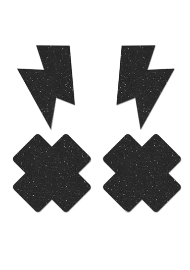Fashion Pasties Set: Black Glitter Lightning Bolt, Cross