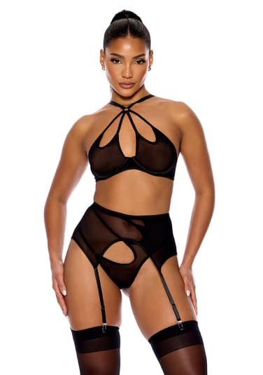 Feeling Butterflies Mesh Halterneck Bra with Garter and Panty Set