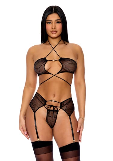 Pull My Strings Mesh Halterneck Bra with Garter and Panty Set