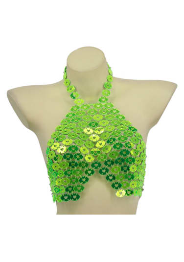 Neon Green Lips Chain Bra with Center Hearts