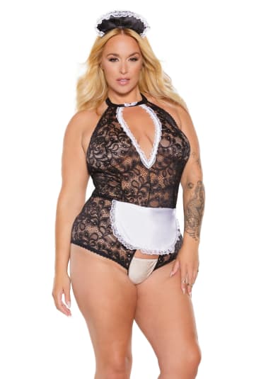 Maid For You Crotchless Maid Teddy and Headpiece - Queen Size