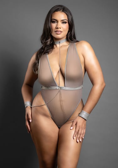 Crotchless Chain Detail Teddy and Handcuffs - Queen Size