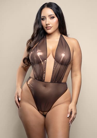 Crotchless Pearl Plunge Teddy - Queen Size