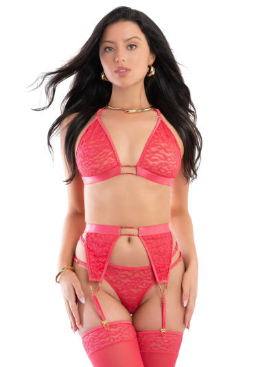 4-Piece Leopard Rosette Garter Set, Halter Bra, Open Back and Stockings