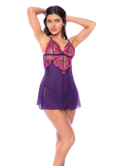 Orchid Obscura Embroidered Mesh Babydoll with Thong 2-Piece Set
