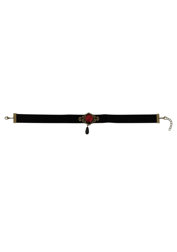 Red Rose Choker with Black Dangling Gem Image 3