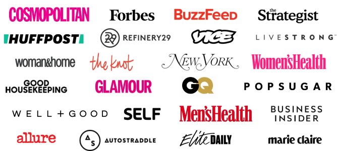Logos of publications that have featured Babeland such as Cosmopolitan, The New Yorker Magazine, Forbes, Buzzfeed, and many more.