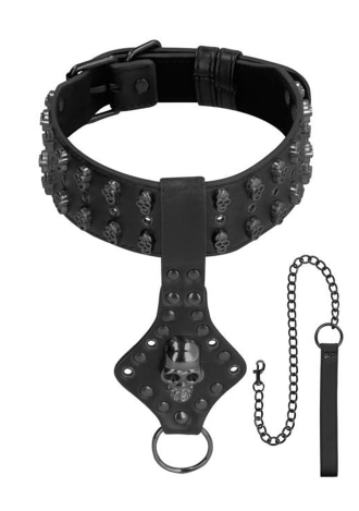 Ouch! Skulls and Bones Neck Chain with Skulls and Leash