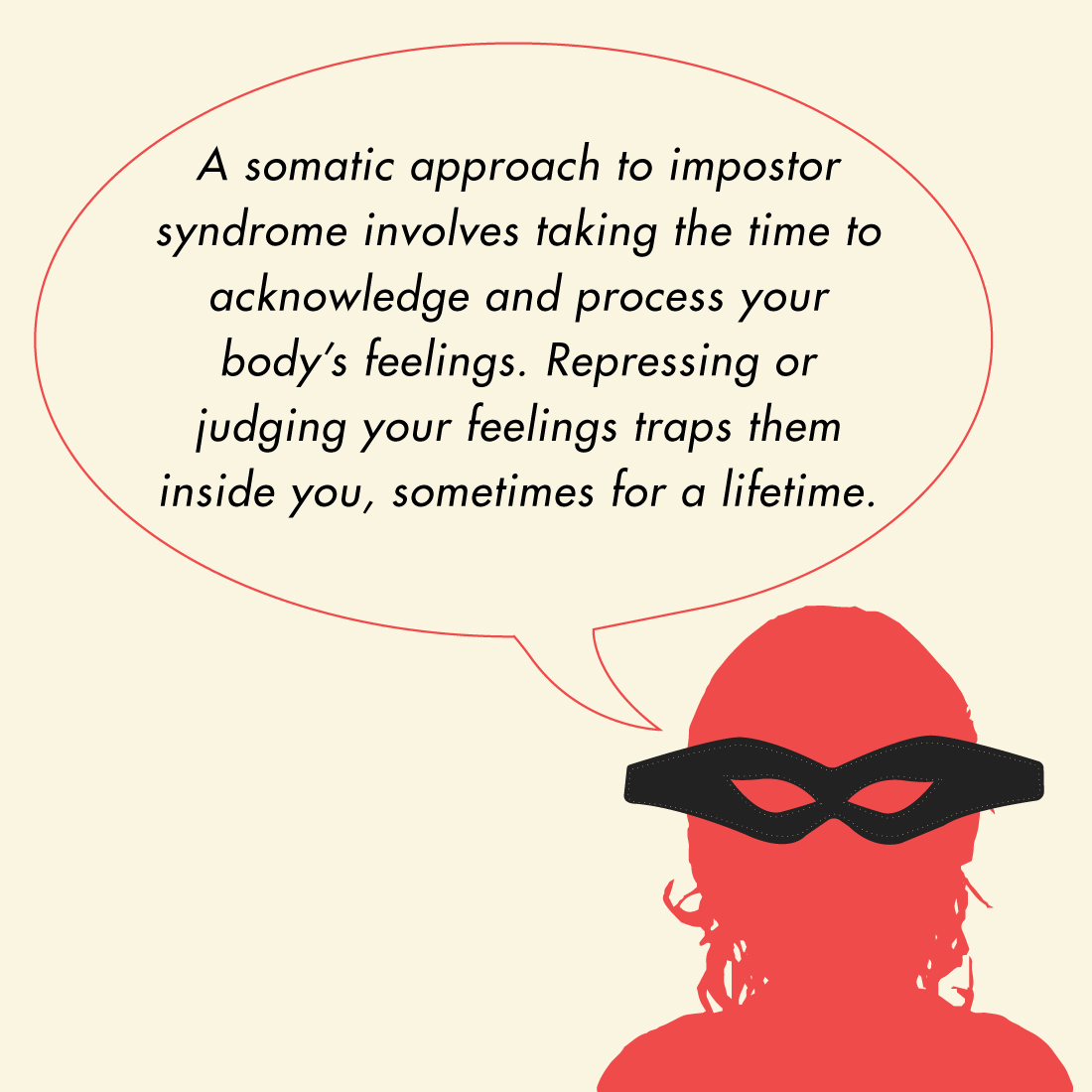 Illustration of a masked figure explaining a somatic approach to dealing with imposter syndrome.