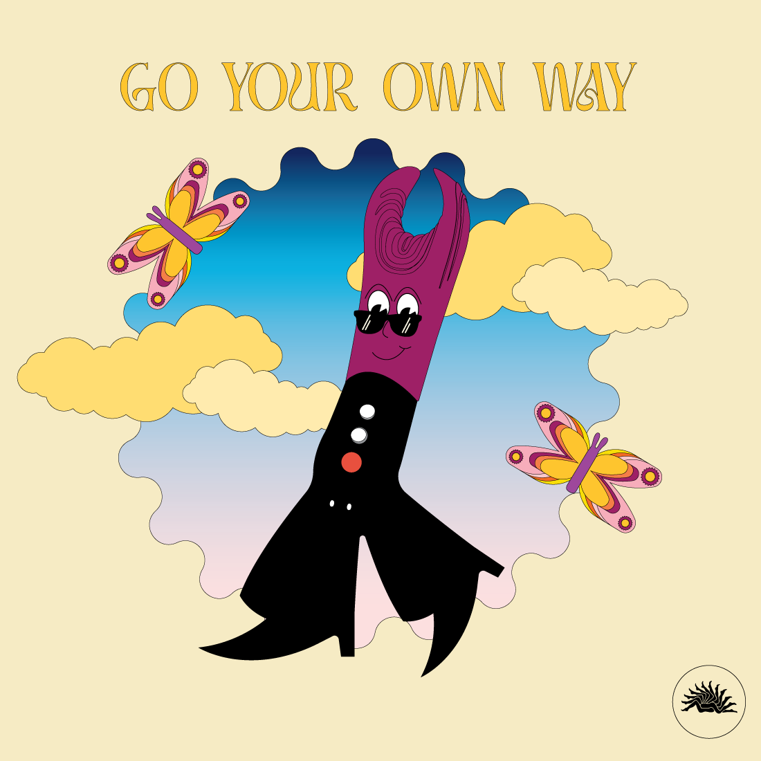Cartoon of a sex toy with sunglasses promoting individuality, symbolizing free spirit and healthy self-exploration.