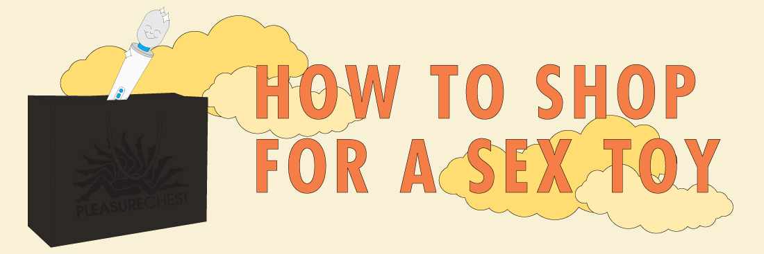 Illustration of a wand vibrator peeking out of a shopping bag with 'How to Shop for a Sex Toy' text cloud above, symbolizing the quest for sexual pleasure and sex education