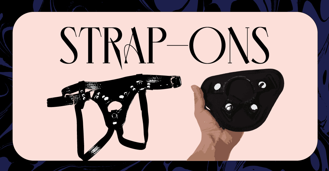 Illustration with leather strap-on harness and hand holding nylon harness "Strap Ons"