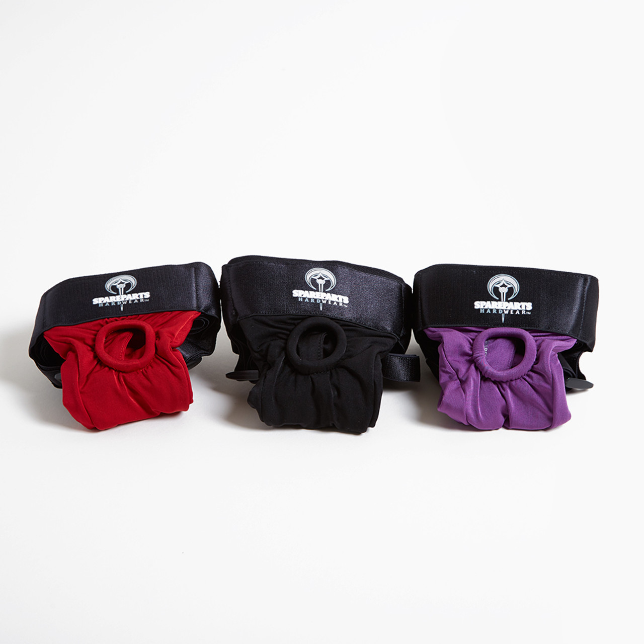 Spareparts Joque strap on harness in red, black and purple colors