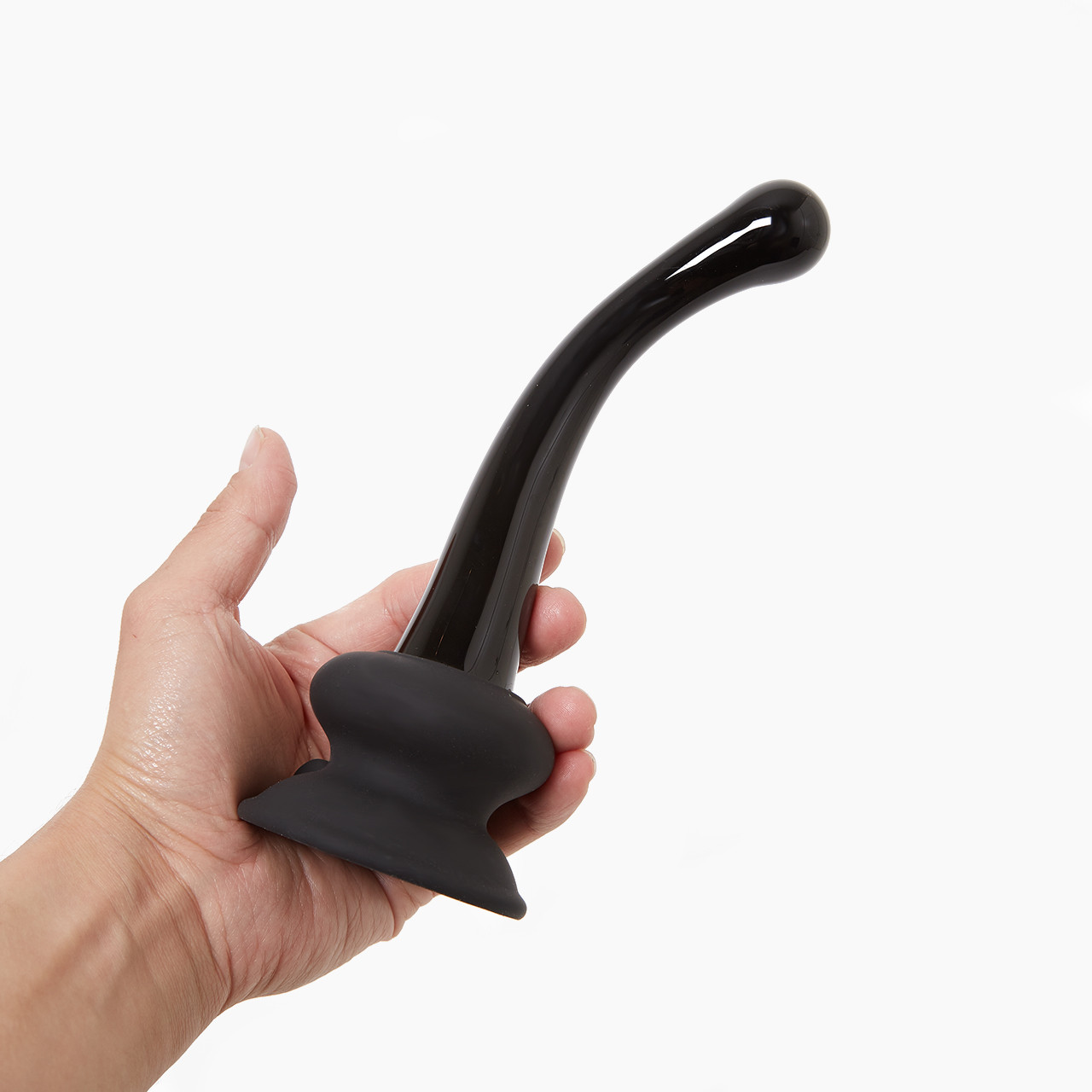 Icicles Curved Glass Wand G-Spot Dildo with Suction Base held in hand