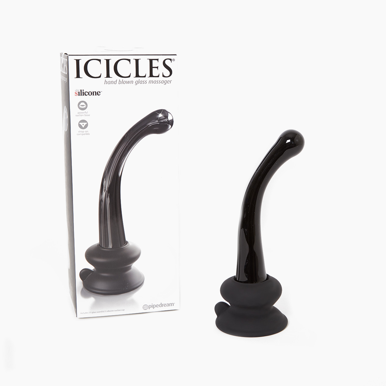 Icicles Curved Glass Wand G-Spot Dildo with Suction Base with packaging