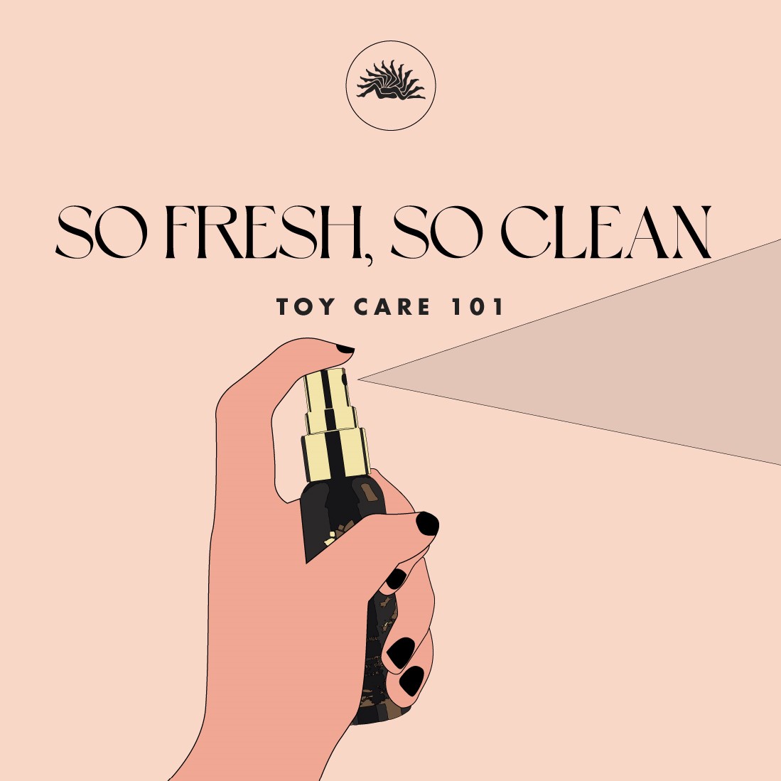 So Fresh So Clean: Toy Care 101 illustration of hand spraying Sliquid Shine Toy Cleaner
