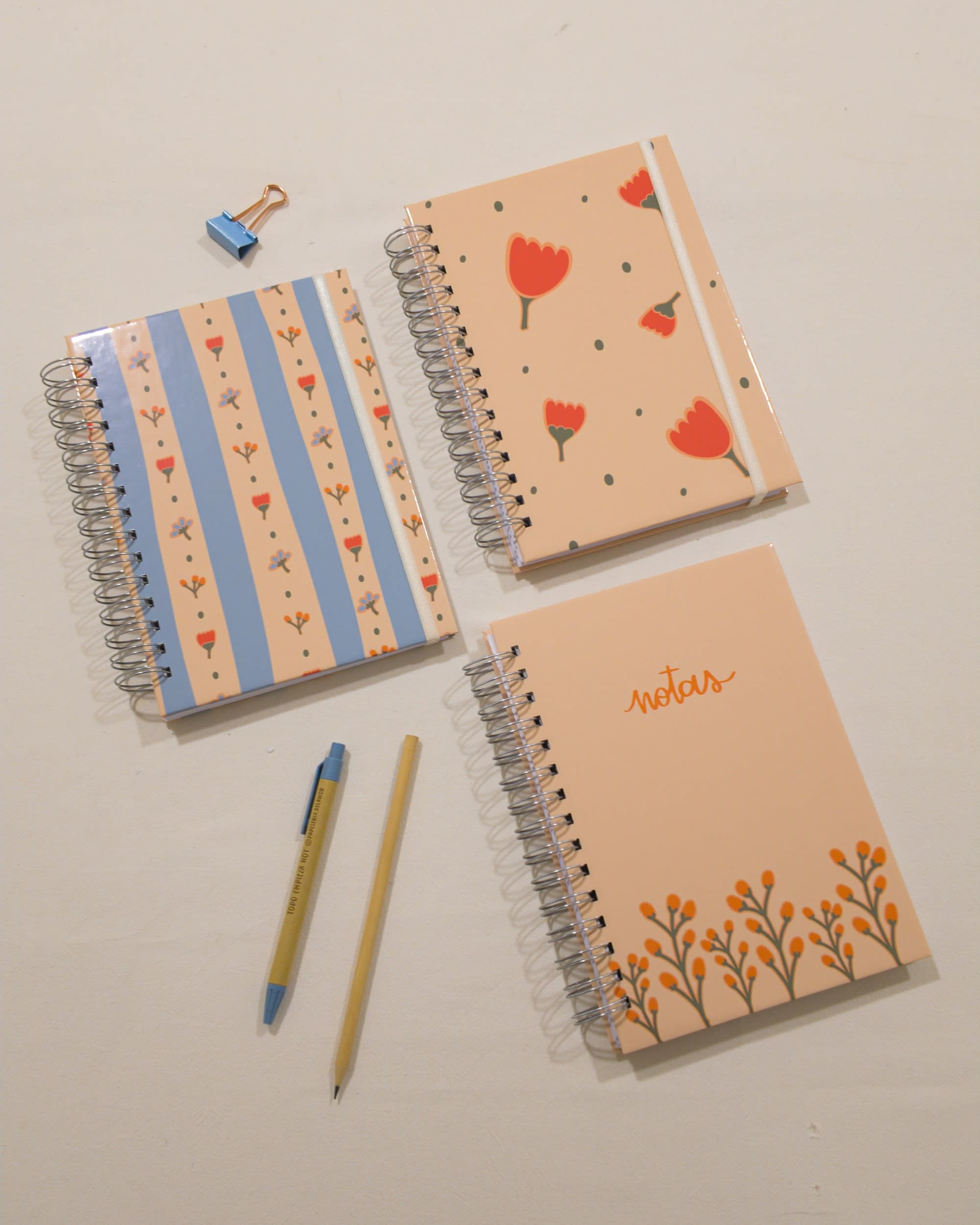 Los cuadernos Marea, Ramita y Tulipán de La Pape, juntos, vistos desde arriba