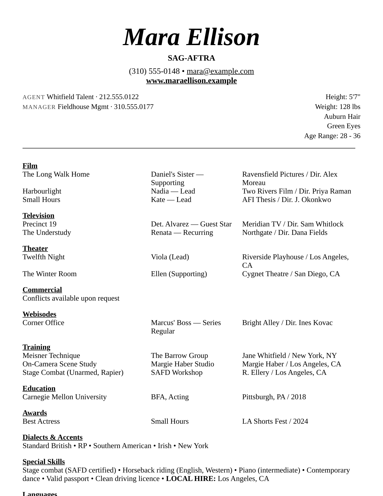 Classic acting resume template