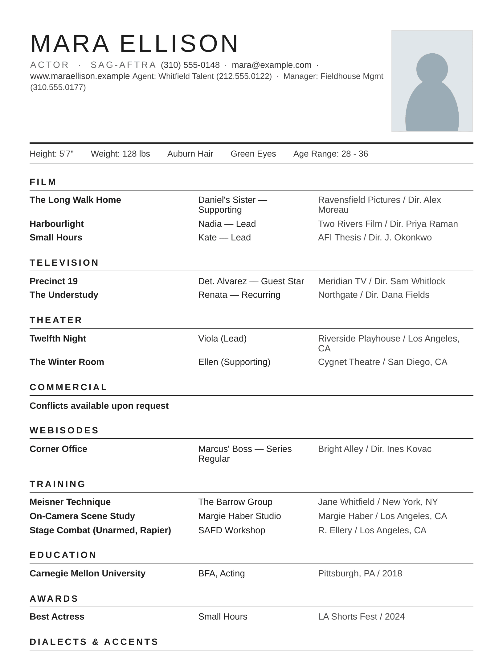 Modern acting resume template