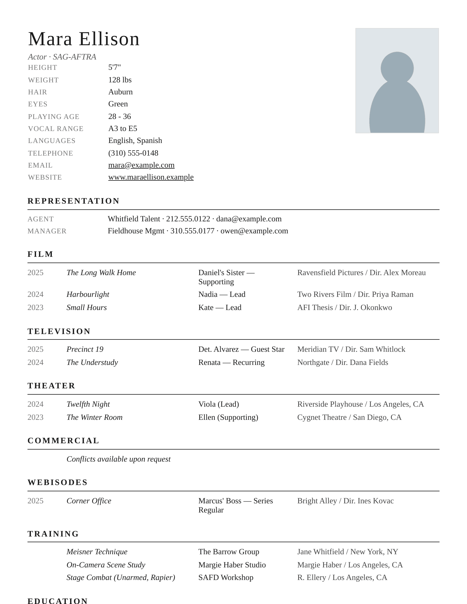 International CV acting resume template