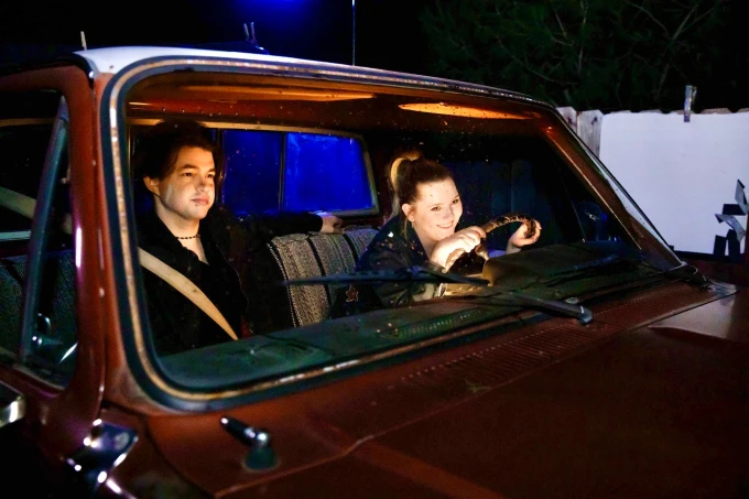 Al Ortega and Abigail Bresling behind the scenes for The Cannibals TV show.