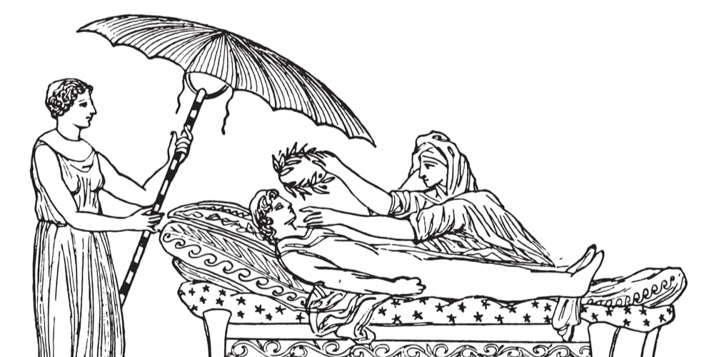 Umbrella on an ancient Greek funeral bed engraving