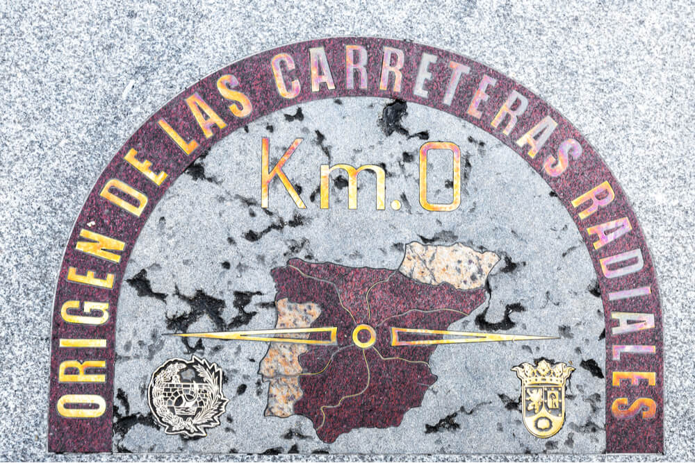 Kilometer zero sign is located on the pavement in Puerta del Sol square, in Madrid, Spain. It is the starting point for measuring distance in Spain