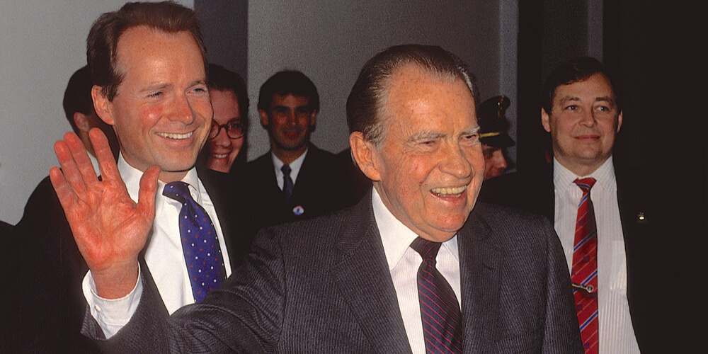 Washington, DC. USA, 1990 Former President Richard Milhous Nixon accompanied by Congressman David Dreier (R) CA.