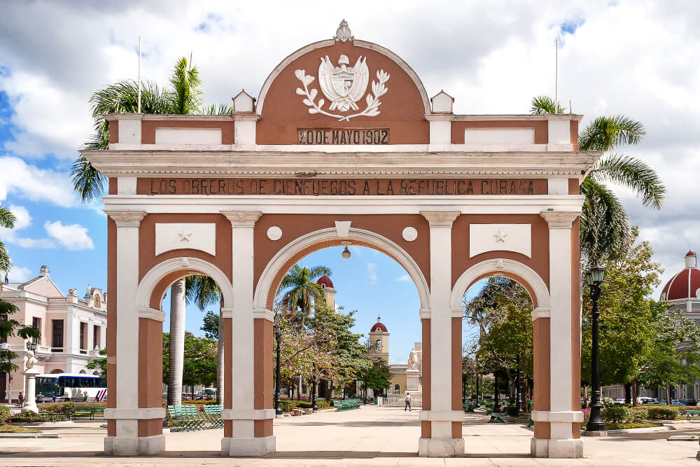Arch of Triumph located in Jose Marti park at historical center of Cienfuegos, Cuba