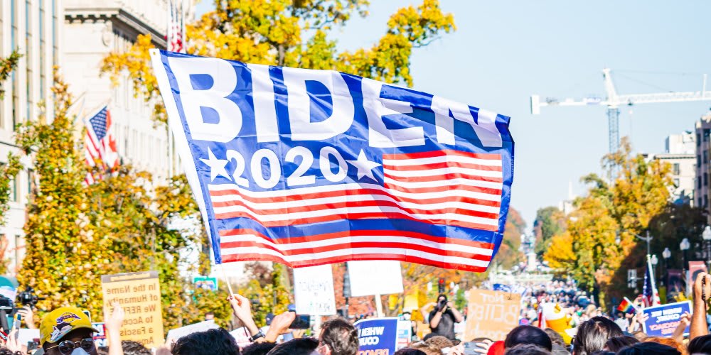 American Flag with Joe Biden's name at the White House, Pennsylvania Avenue Northwest in Washington, D.C.