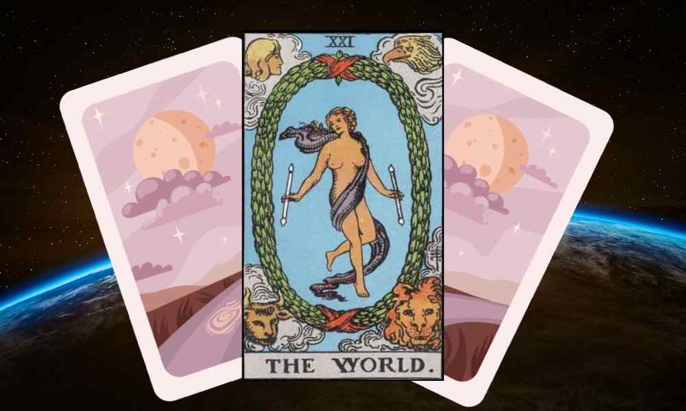 The World card signifies the achievement that comes at the end of a journey.