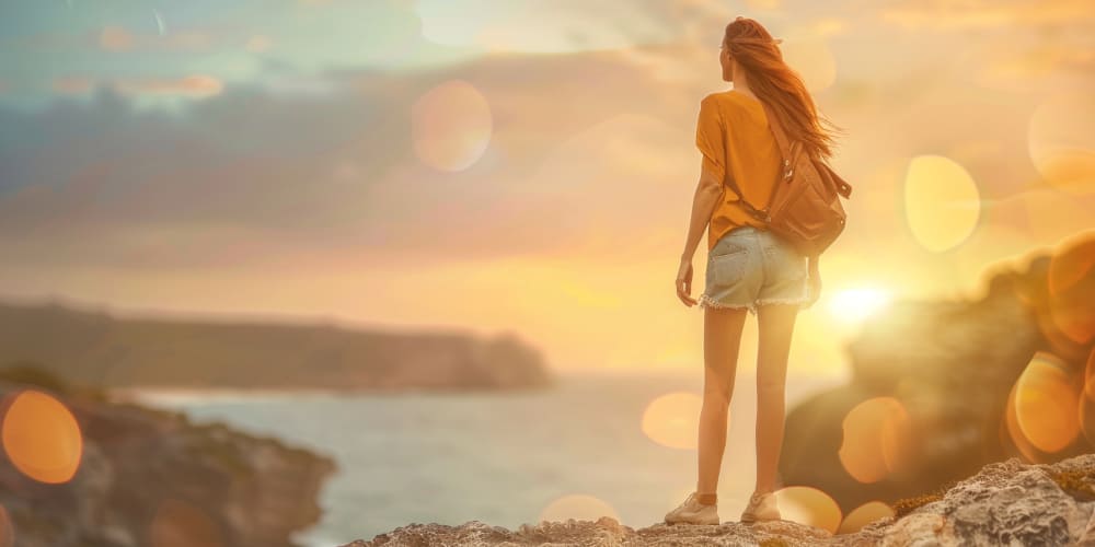 A woman standing on a cliff and looking at a coasline