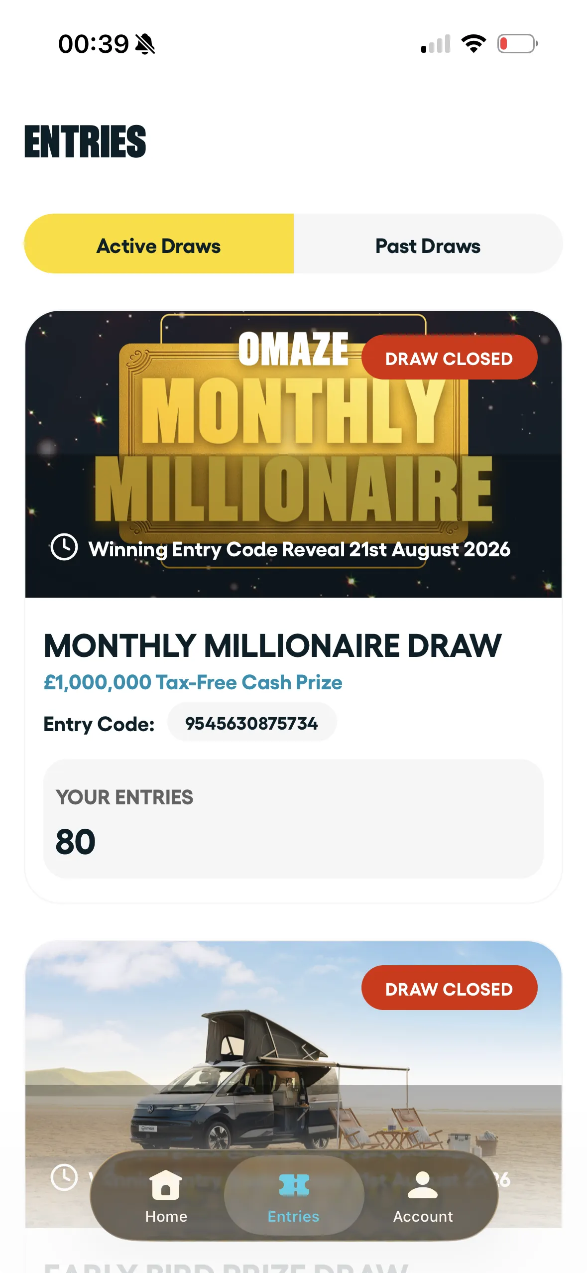 Omaze entries screen