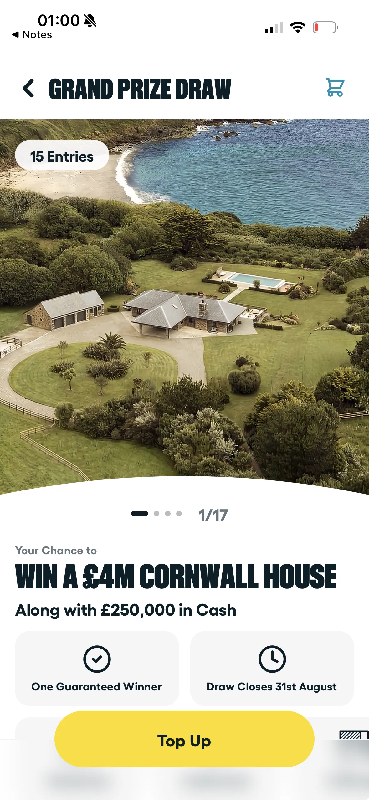 Omaze house draw screen