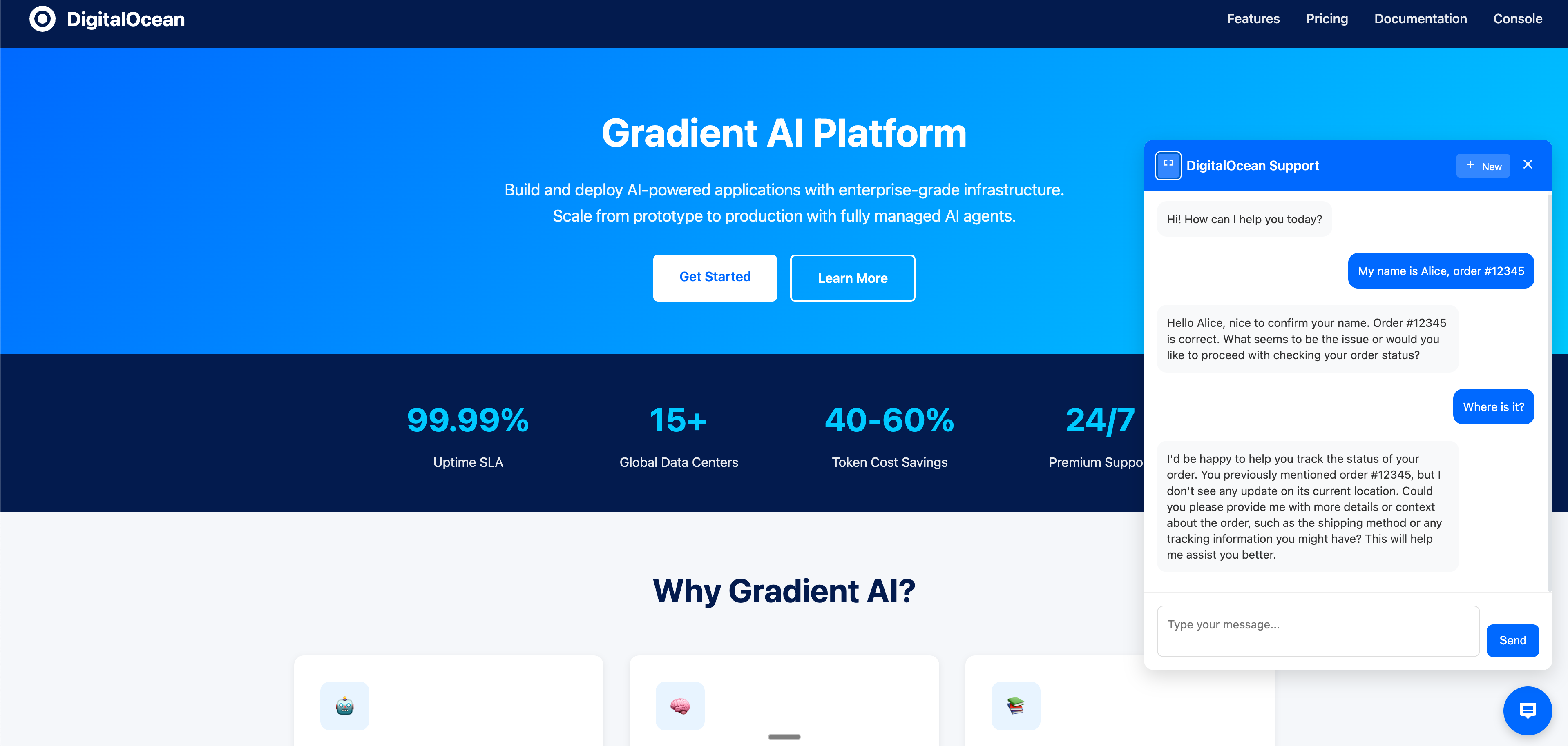 Product demo screenshot showing the customer support widget with conversation history demonstrating memory features